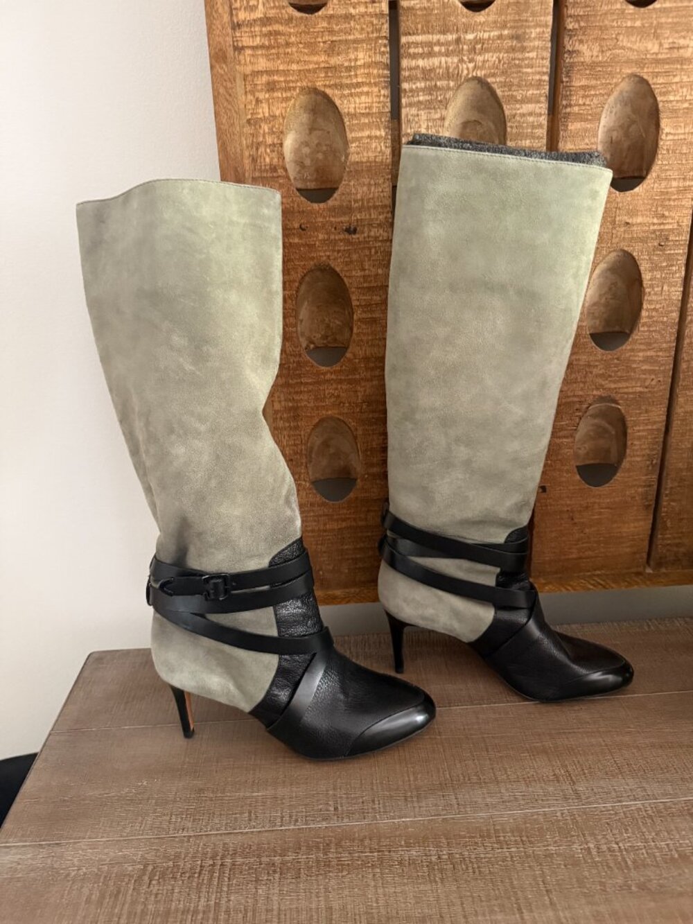 Rebecca Minkoff Olive/Khaki Suede and Black Leather Boots